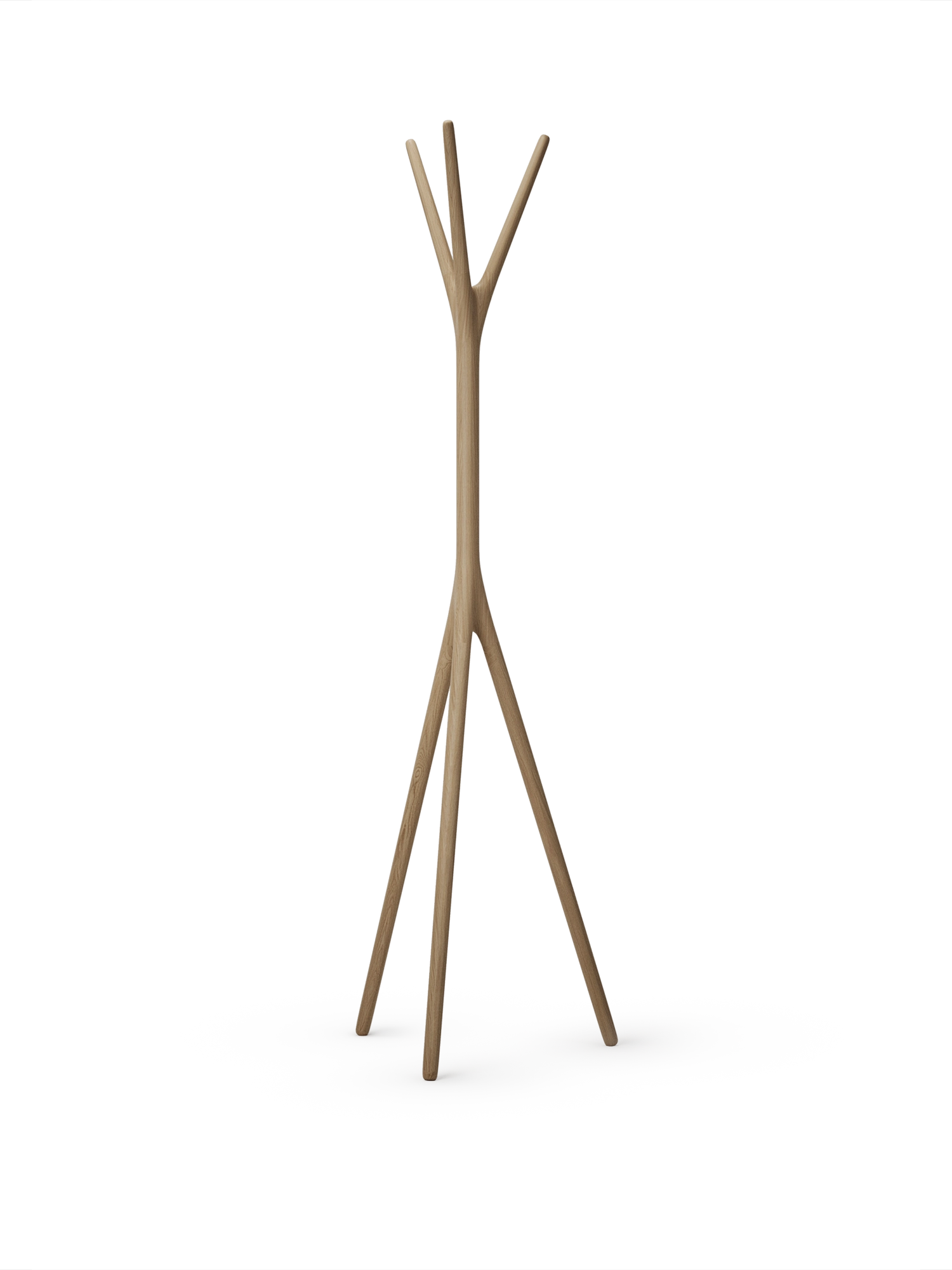 Free-standing natural Polish oak coat rack, Woody collection, minimalist vertical sculpture.